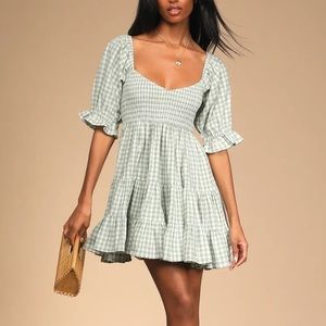 NWT Lulus Sage Green Gingham Puff Sleeve Mini Dress